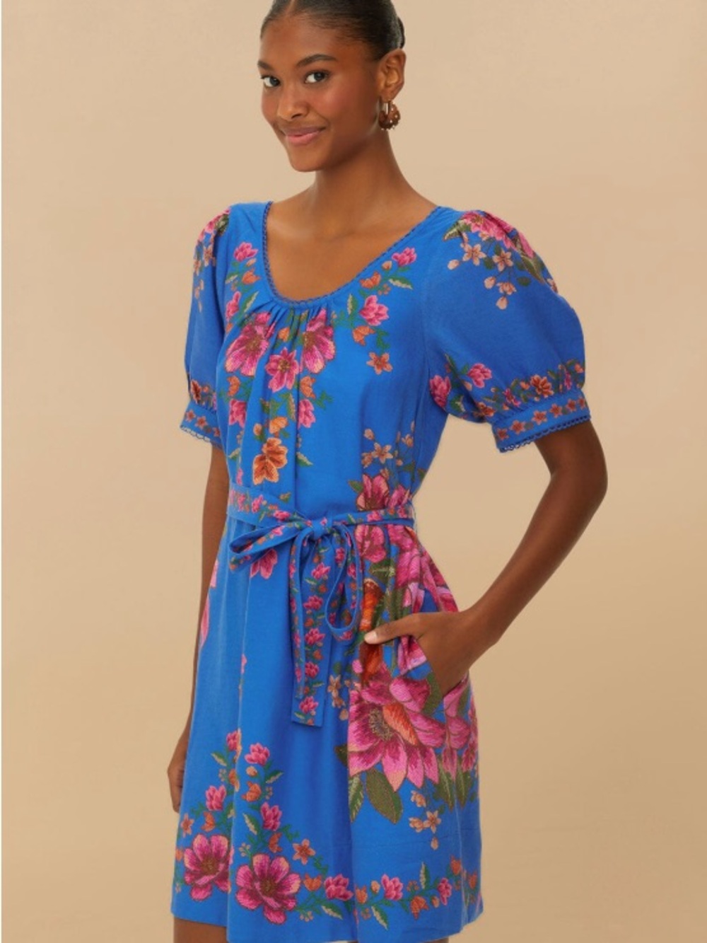 FARM Rio Summer Fruit Scarf Dress Women's Size Medium Blue & Pink Floral Linen